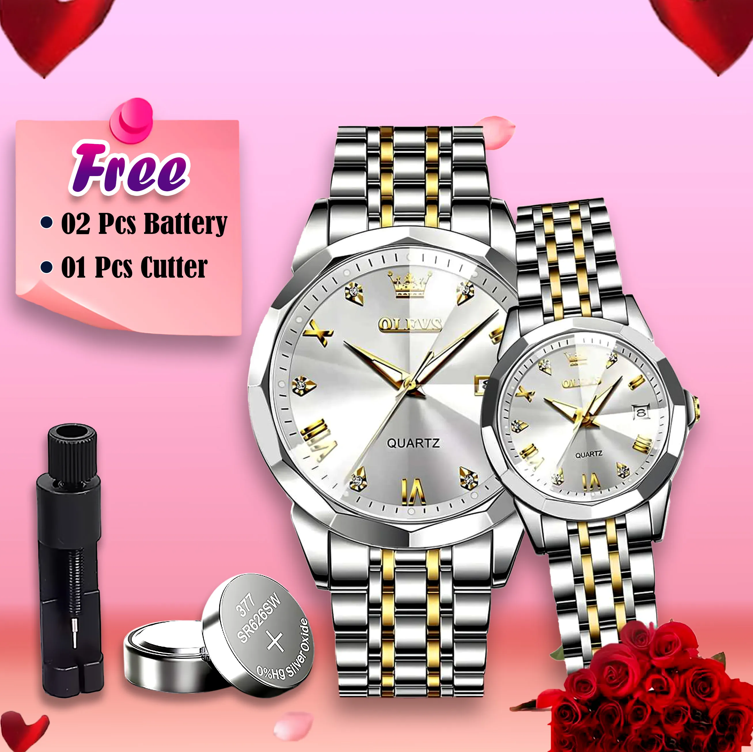 Butter  Fly Lock Olievs  Stainless Steel fashionable  Couple watches +1pcs chain cutter+ 2 pcs battery ( Silver)