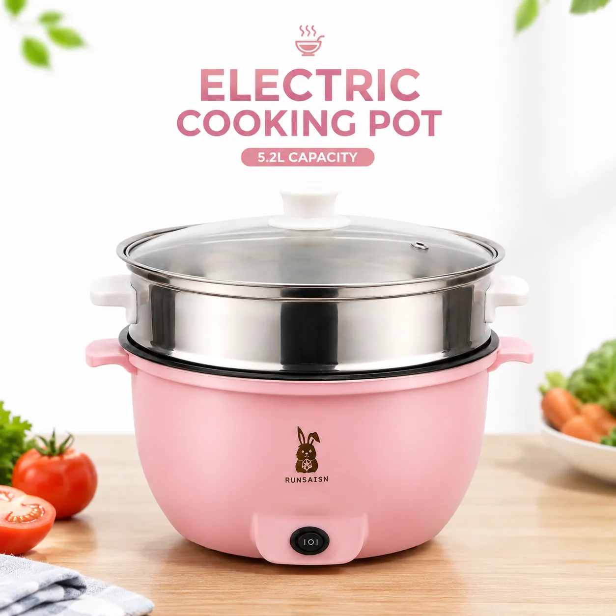 RUNBAISN 5.2L Electric Multi-Cooker & Hot Pot – Non-Stick Portable Electric Cooker with Steamer Tray, 2 Heating Modes for Rice, Noodles, Soup & Daily Cooking