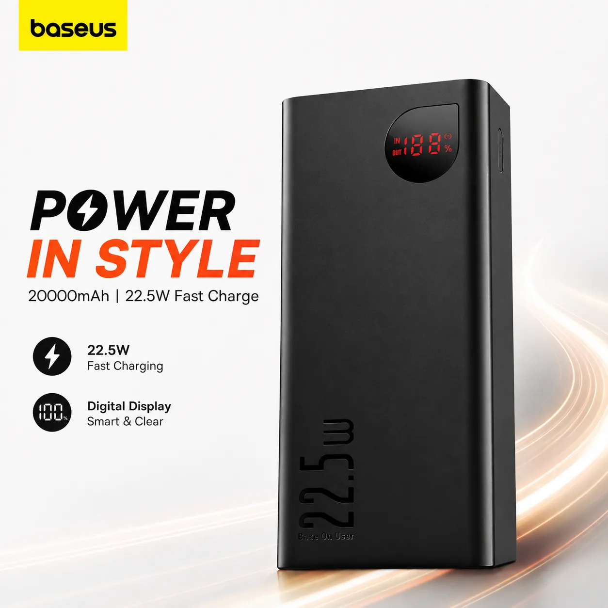 Baseus Adaman 20000mAh 22.5W Metal Power Bank – Fast Charging Portable Charger with Digital LED Display, Triple Ports & Aluminum Alloy Body (Black)