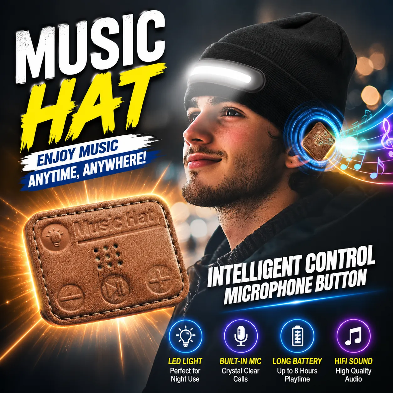 M1-BTD3 Rechargeable LED Light Beanie Hat – 1200lm Super Bright Headlamp Cap with Bluetooth 5.4 Wireless Music Headset & 3 Lighting Modes