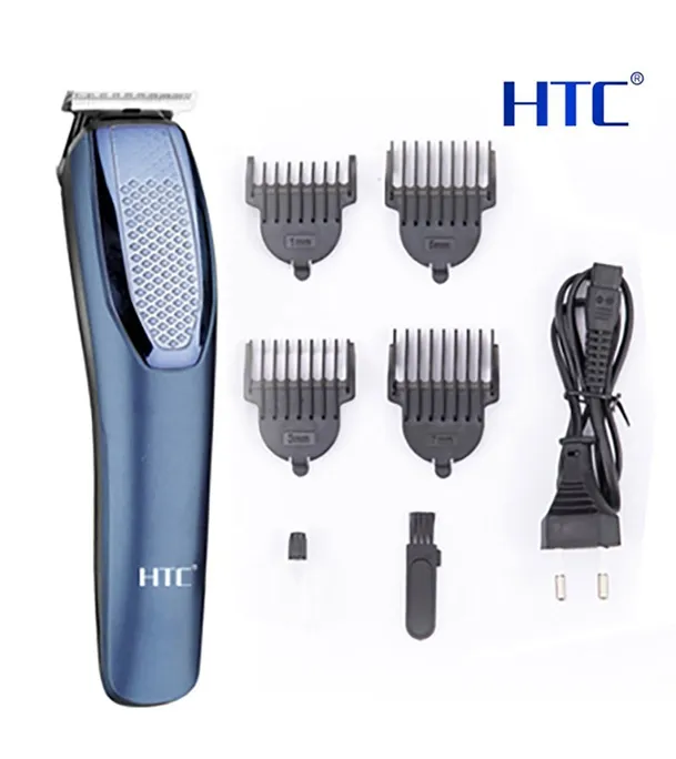 HTC AT-1210 Rechargeable Cordless Beard & Hair Trimmer For Men – 4 Clipper Attachments, 45 Min Runtime (Blue)