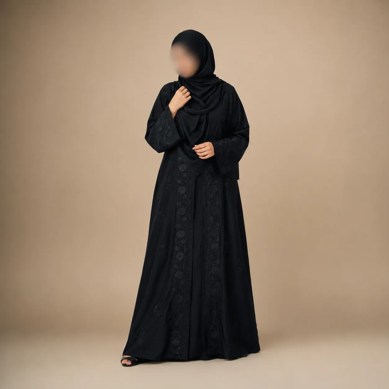 Premium Zafran Felix Luxury Abaya with Embroidery & Stone Work | Matching Hijab & Adjustable Inner | Modest Fashion Black