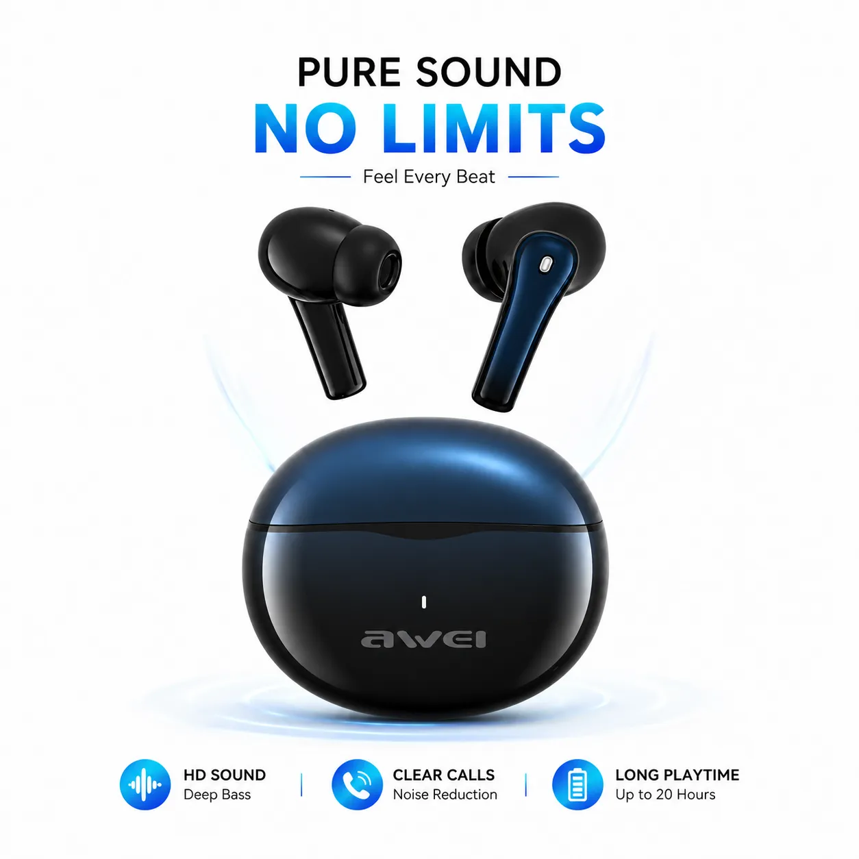Awei T62 True Wireless Earbuds – Bluetooth 5.3 TWS with 4-Mic ENC Noise Cancelling, 10mm Drivers, IPX5 Waterproof & 300mAh Case