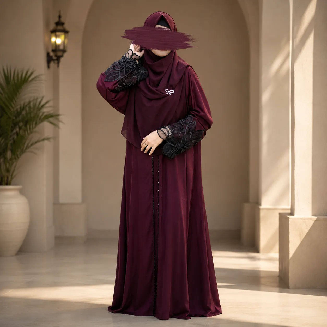 Premium Dubai Cherry Fabric: Elegant Lace Abaya Borka maroon Color