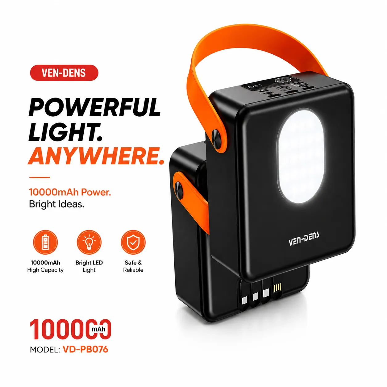 VEN-DENS VD-PB076 100,000mAh High-Capacity Power Bank – Portable Power Station with Built-in Bright LED Emergency Light, Handy Strap, Multi-Port Outputs & Safety Protection