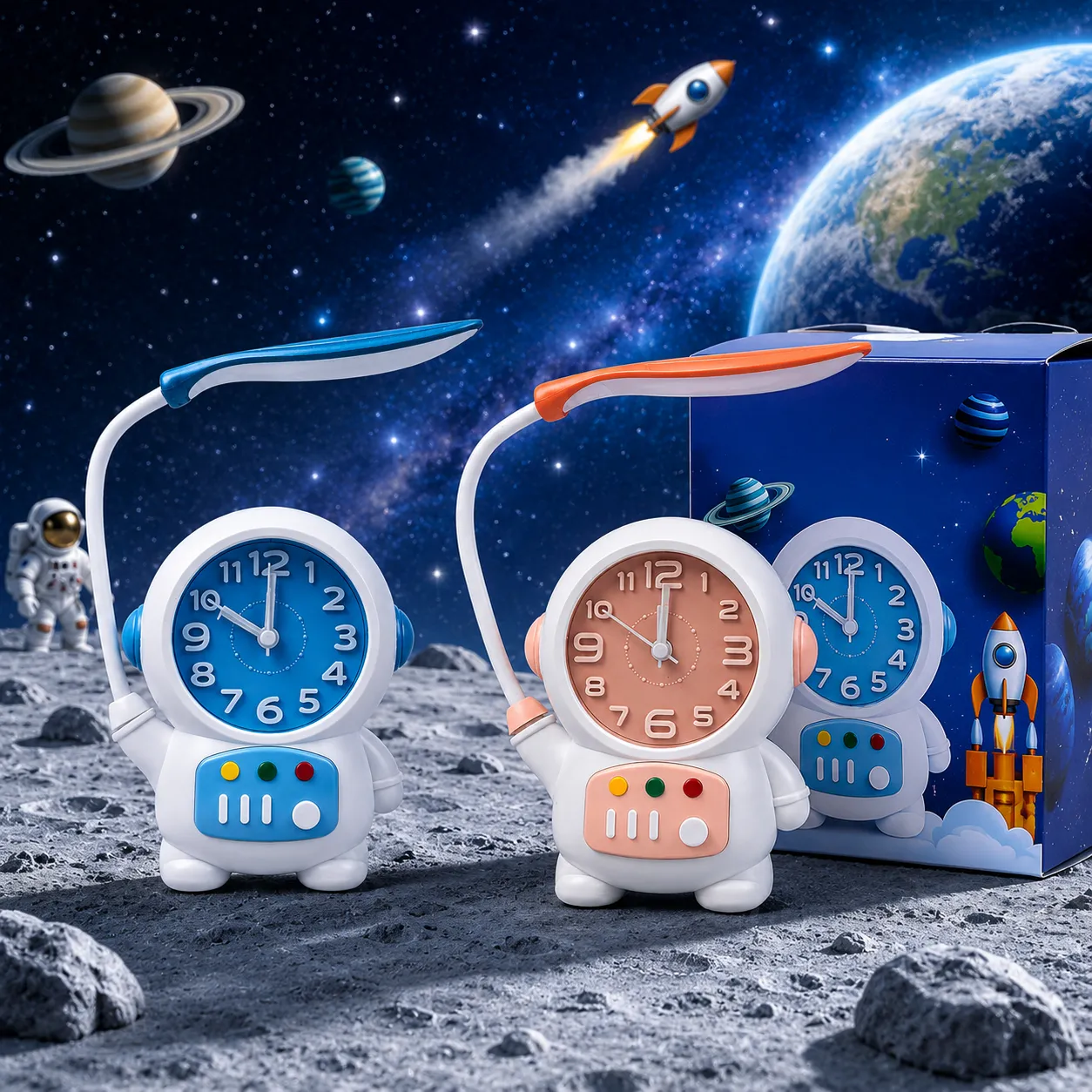 Astronaut Desk Lamp with Alarm Clock – 2-in-1 Rechargeable Kids Study Light and Night Light with Flexible Neck