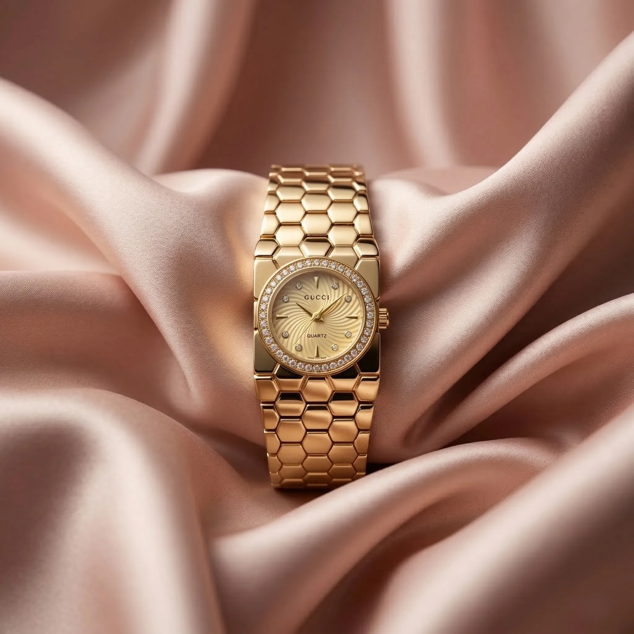 Elegant Golden Ladies Quartz Watch with Crystal Bezel – Premium Bracelet Design (Golden Dial)