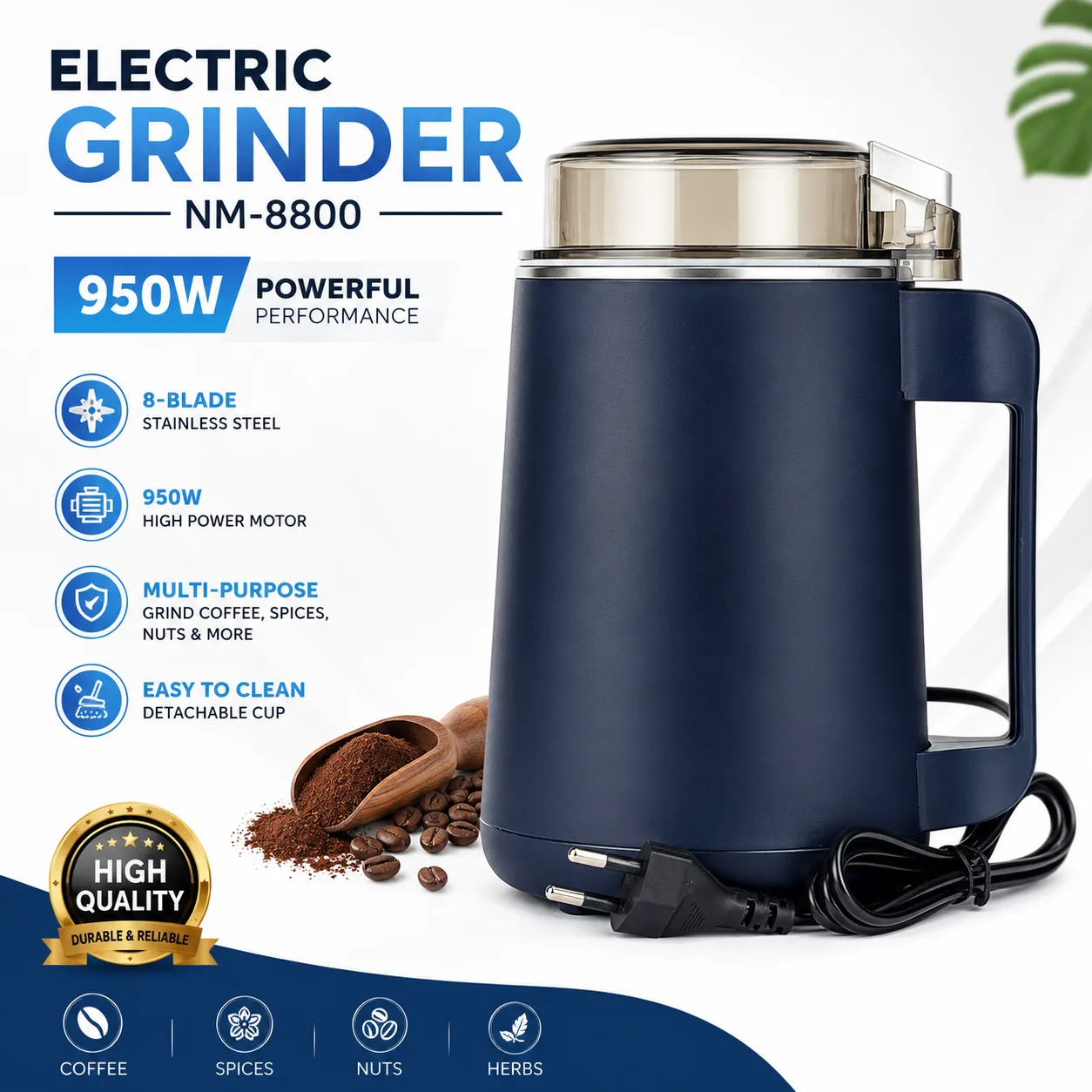 Electric Grinder Machine 950W NM – High-Power Multi-Functional Spice, Coffee Bean & Dry Grain Grinder with 8-Page Sharp Blades