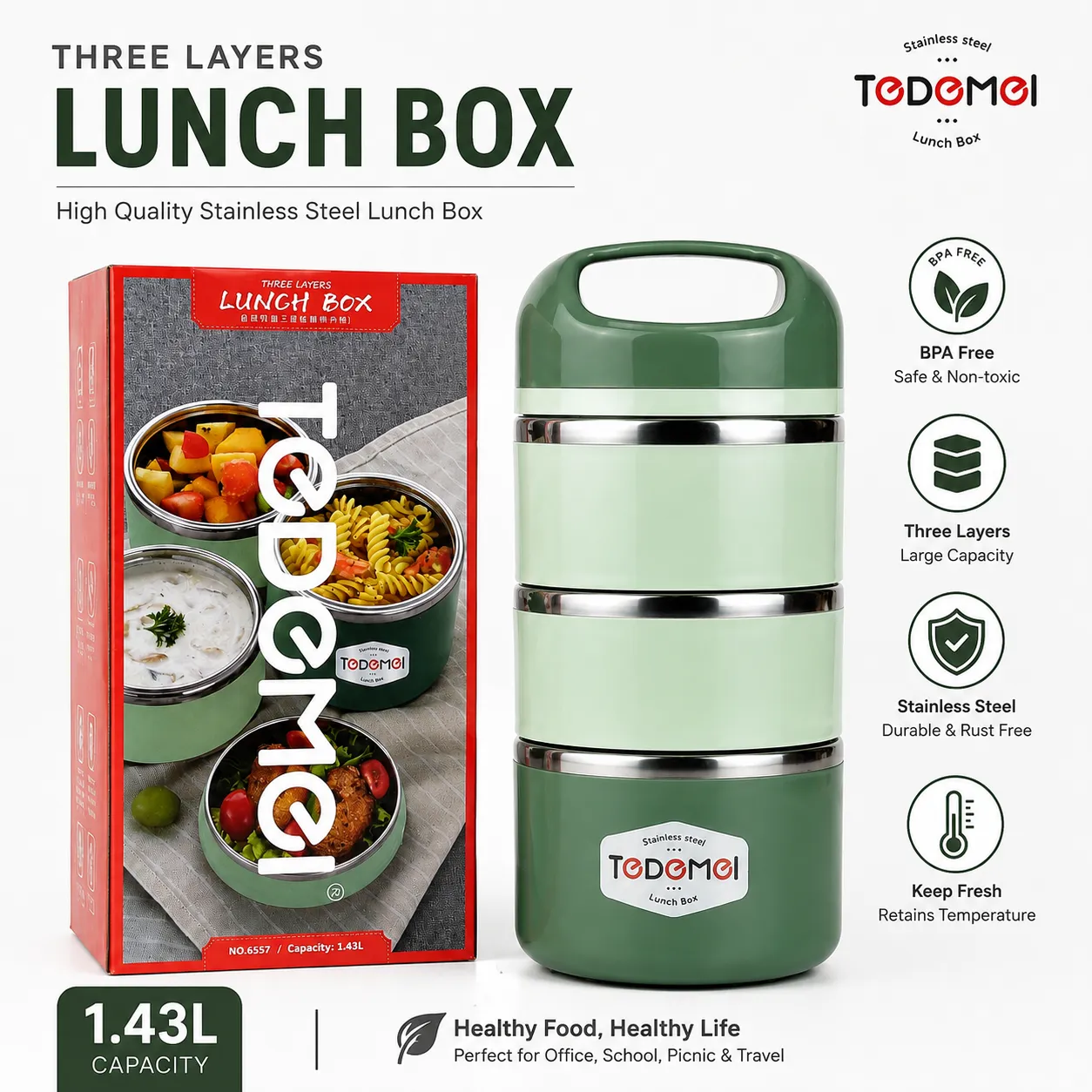 3.5 Layer 1.43L Stainless Steel Lunch Box – Leak-Proof, BPA-Free Airtight Tiffin Box with Handle for Office, School & Travel