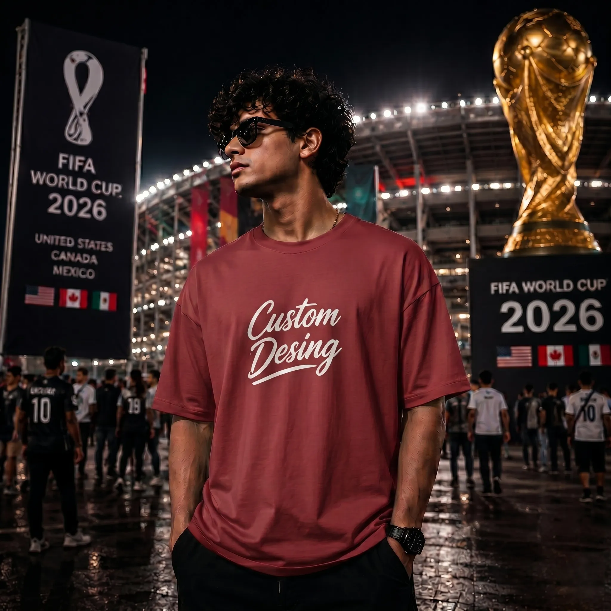 FIFA World Cup Special: 100% Cotton Custom Drop-Shoulder T-Shirt (Customize With Your Own Design) - Maroon