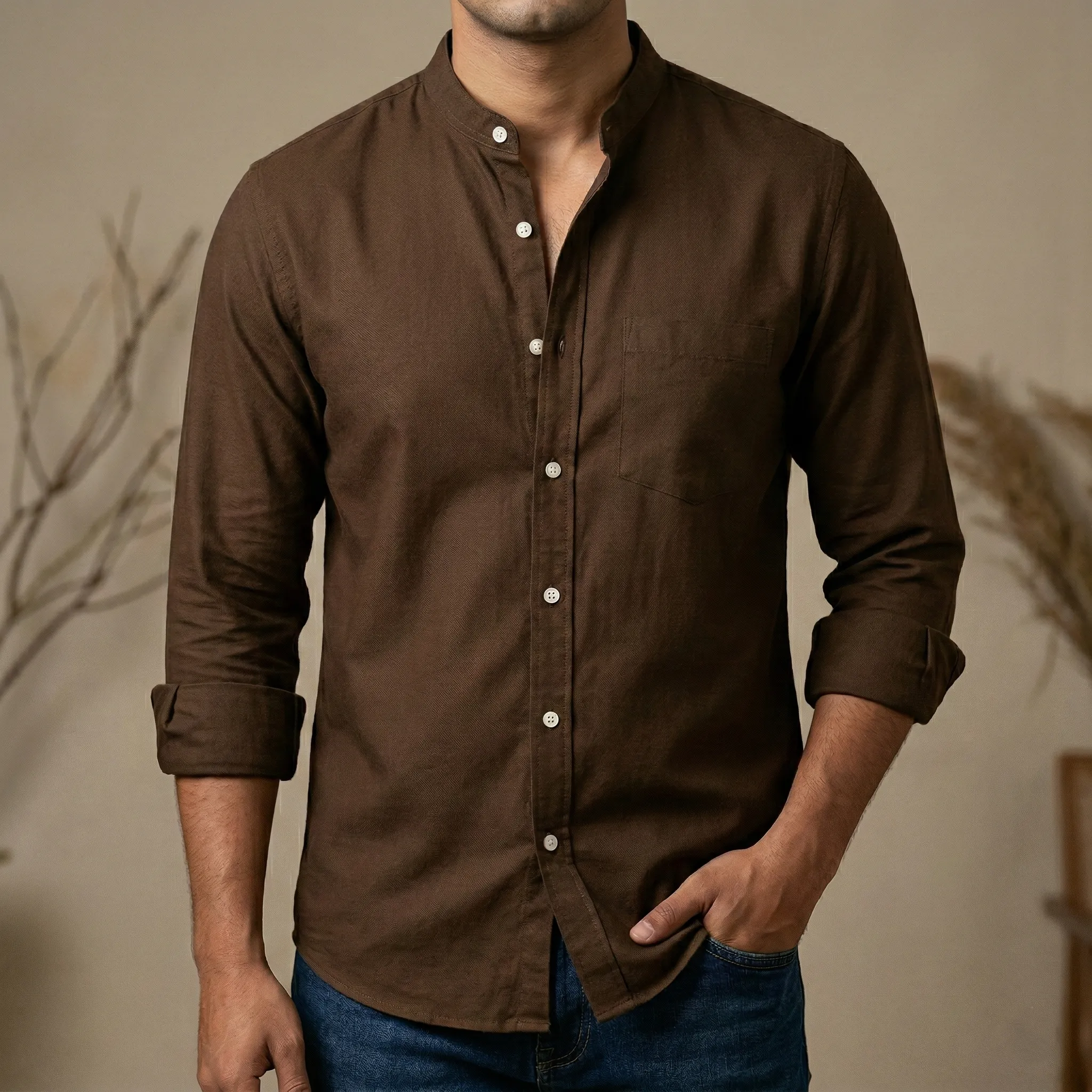 Men's Solid Colour  Ban color Shirt  ( deep Sepia )