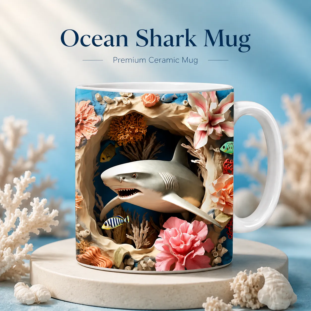 Ocean Shark Mug – Premium Ceramic Coffee Mug with 3D Underwater Shark Design, Microwave & Dishwasher Safe