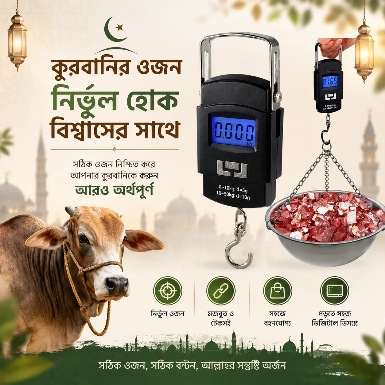 Portable Digital Hanging Weight Scale – 50kg/10g Electronic Hook Weighing Machine with LCD Display, Tare Function & Auto Shut-Off for Home, Market & Luggage