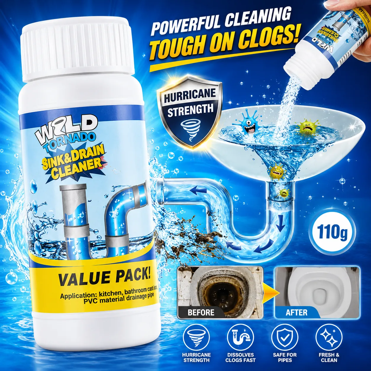 Wild Tornado Powerful Drain Cleaner Powder – Fast-Acting Pipe Dredging Agent for Clogged Kitchen Sinks, Bathrooms, Grease & Hair Removal