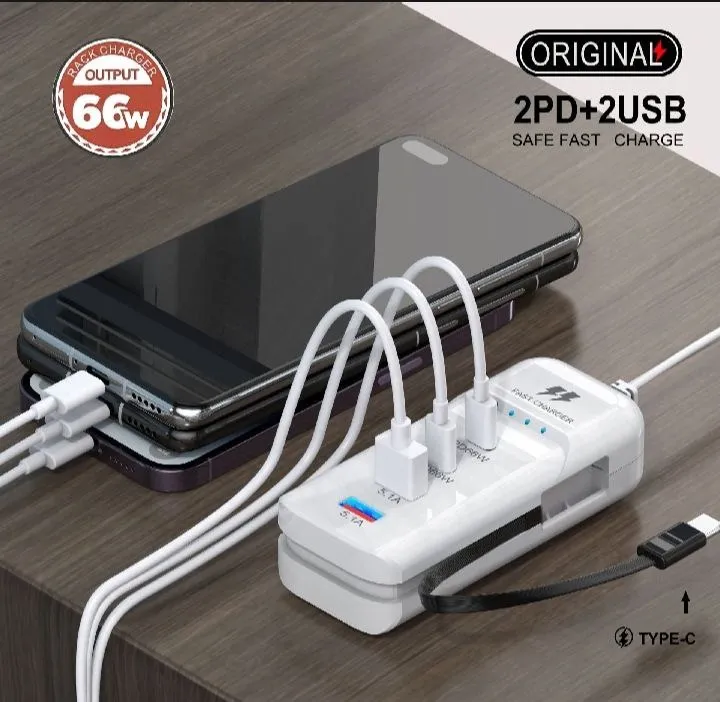 5-in-1 Multi-Functional Rack Charger 66W – Desktop Fast Charging Station with 2PD, 2USB Ports & Built-in Type-C Cable